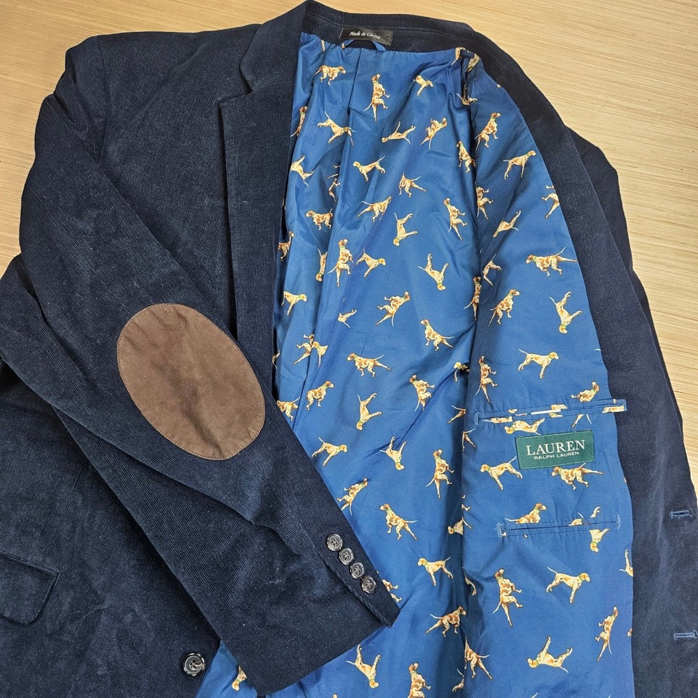 Lauren Ralph Lauren Corduroy Blazer Mens 50R Dog Lining Navy Elbow Patch